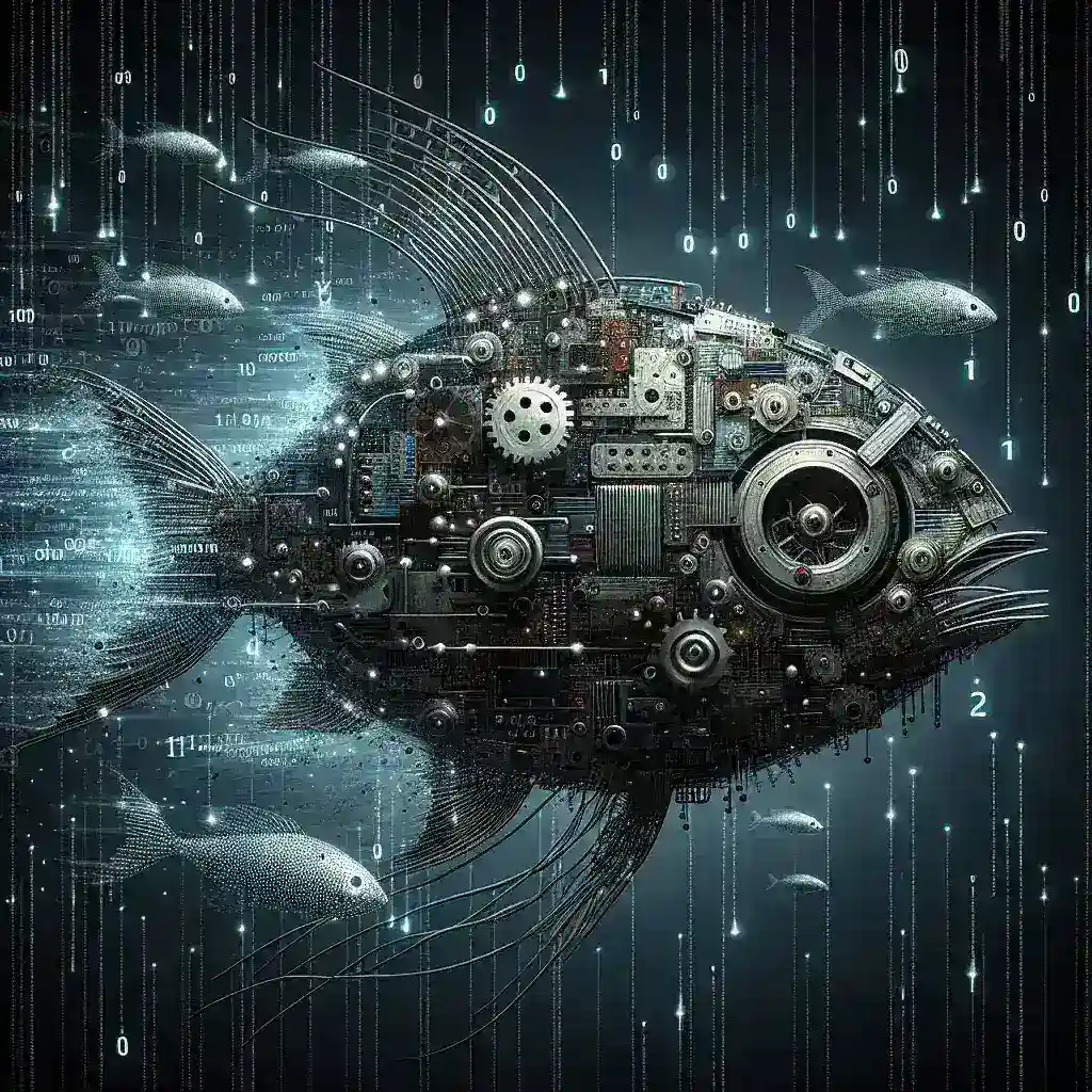 "Illustration depicting hackers using artificial intelligence to improve phishing tactics, showcasing a computer screen with malicious code and AI elements, highlighting the growing intersection of technology and cybercrime."